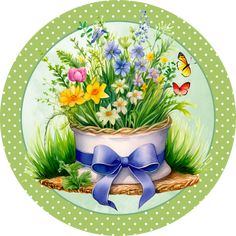 a painting of flowers in a pot with blue ribbon and butterflies on the side, surrounded by green polka dots