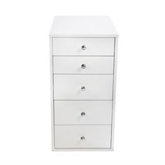 a white dresser with five drawers and chrome knobs on the bottom, against a white background