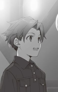 an anime character with short hair wearing a black shirt and looking off to the side