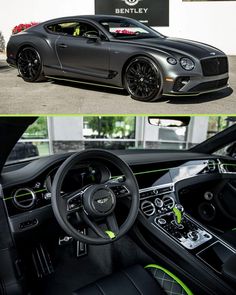 the inside and outside view of a black bentley with neon green trims on it