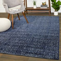 a blue rug in a living room with a chair and potted plant