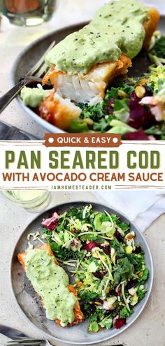 Pan Seared Cod, Easy Turkey Recipes Thanksgiving, Avocado Cream Sauce, Seared Cod, Creamy Avocado Sauce, Seafood Recipes Healthy, Thanksgiving Dinner Recipes, Avocado Cream, Avocado Sauce