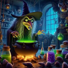 a wizard stirring a caulder full of liquid in a room filled with witches