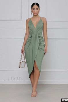 Fisdy - Plisado Color Sólido Casual Sundress Backless Midi Dress, Casual Sundress, Perfect Prom Dress, Split Maxi Dress, Ruched Midi Dress, Sling Dress, Midi Dress Party, Bodycon Dress Parties, Plunge Neckline