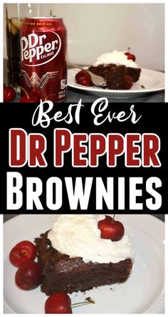 two pictures of brownies with ice cream and cherries on them, one has a can of dr pepper