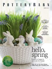 the front cover of pottery barn magazine with easter eggs and bunny figurines in a basket