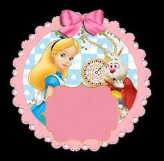 a pink frame with an image of alice and the rabbit