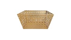 a gold metal basket on a white background