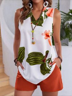 Summer Casual Tropical Print Tank Top & Shorts Orange Casual,Boho  Sleeveless Woven Fabric Tropical,Plants  Non-Stretch  Women Clothing, size features are:Bust: ,Length: ,Sleeve Length: Green Bohemian Tank Top For Vacation, Bohemian Green Tank Top For Vacation, White Bohemian Tank Top For Beach Season, Bohemian Printed Tank Top For Vacation, Bohemian Printed Tank Top For Spring, Bohemian Spring Printed Tank Top, Bohemian Floral Print Sleeveless Tank Top, White Bohemian Tank Top With Floral Print, Spring Bohemian Printed Tank Top