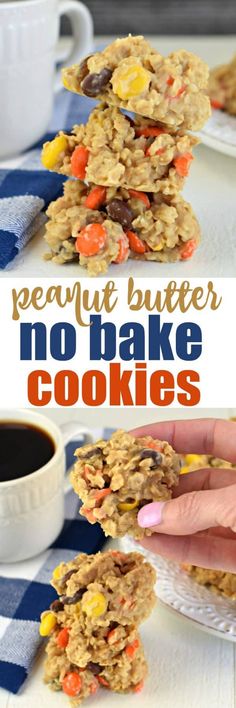 peanut butter no bake cookies are stacked on top of each other and ready to be eaten