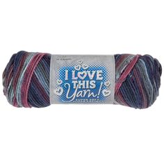 yarn ball with the words i love this yarn in blue, red and purple colors