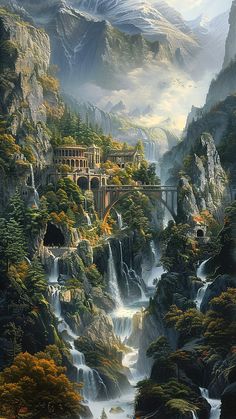 a painting of a waterfall with a castle in the middle surrounded by trees and mountains