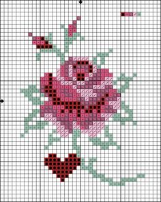 a cross stitch pattern with pink flowers and green leaves on the bottom half of it