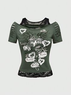 Women's Summer Cold Shoulder Hollow-Out Letter Print Casual T-Shirt, School Army Green Casual  Short Sleeve Knitted Fabric Animal,Cartoon,Figure,Halloween,Letter,Striped  High Stretch  Women Clothing, size features are:Bust: ,Length: ,Sleeve Length: Womens Punk Fashion, Geometric Halloween, Street Style Outfits Casual, Grunge Shirt, Toned Women, Y2k Clothes, Animal Cartoon, Really Cute Outfits