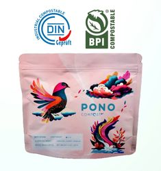 a bag of pono coffee with an image of a bird on the front and side