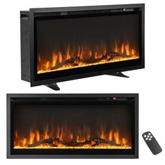 an electric fireplace with two remote controls on each side and the same fire place in front