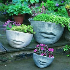 three cement planters with plants in them sitting on the steps next to each other