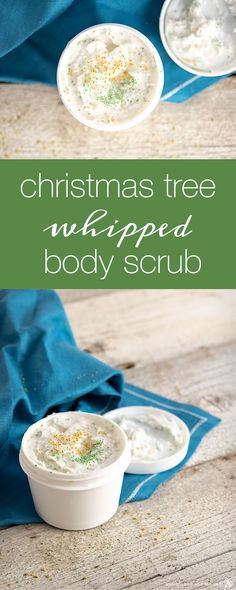 christmas tree whipped body scrub in small white bowls on a wooden table with blue cloth