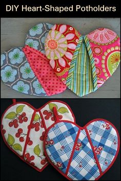 four heart shaped potholders with different designs on them and the words diy heart shaped pot holders