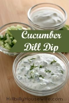 cucumber dill dip in small glass bowls on a wooden table