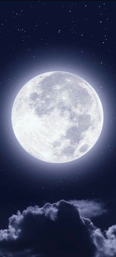 the full moon is shining brightly in the night sky above some clouds and stars,