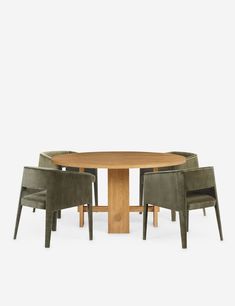 a table with four chairs around it and an oval wooden table top on the other side