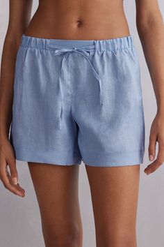 Linen Cloth Shorts | Intimissimi Linen Bermuda Shorts For Vacation, Summer Bermuda Pajama Shorts With Relaxed Fit, Relaxed Linen Shorts For Vacation, Linen Loungewear Shorts With Elastic Waistband, Linen Lounge Shorts With Elastic Waistband, Summer Linen Bottoms For Relaxation, Linen Shorts With Elastic Waistband For Loungewear, Summer Relaxation Bottoms, Short Length, Linen High-waisted Shorts For Loungewear