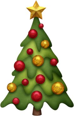 a green christmas tree with red balls and gold stars on it's top, in front of a white background