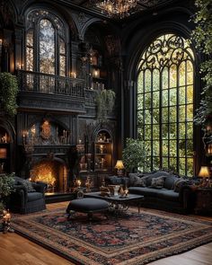 an ornate living room with black furniture and large windows is lit by candlelight candles