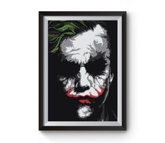 the joker poster on a brick wall with green hair and red eyes, in front of a white brick wall