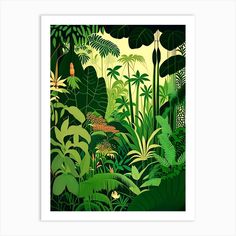 a green jungle scene with lots of plants and birds in the distance, framed in white frame