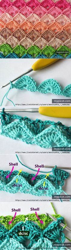 four rows of crochet stitchs with different colors