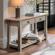 Rustic Sage Green Console Table – Oak Top with Two Drawers and Lower Slatted Shelf -  Decor interiors Grey Console Table, Low Shelf, Drawer Lights, Rustic Console Tables, Contemporary Console Table, Drawer Console, Oak Console Table, Wooden Console Table, Wooden Console