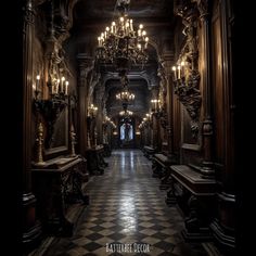 Gorgeous Victorian Gothic ornate hallway in rich browns with candelabras and candles. Dark Victorian Staircase, Candleabras Gothic, Gothic Interiors Victorian, Gothic Entrance Hall, Victorian Gothic Mansion Exterior, Dark Victorian Hallway, Gothic Castle Hallway, Gothic Manor Aesthetic, Rich Victorian Aesthetic