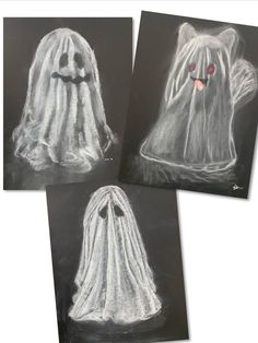 Three chalk pastel drawings on black paper. One ghost looks like a cat. Chalk Ghost Drawing, Charcoal Ghost Drawing, Spooky Drawing Reference, Halloween Chalk Pastel Art, Halloween Art Projects Kindergarten, Color Monster Art Lesson, Fall Chalk Pastel Art For Kids, Easy Halloween Art Projects For Elementary, Halloween Art Project Middle School