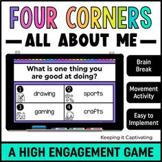 four corners all about me game with text and pictures on the front, in black and white