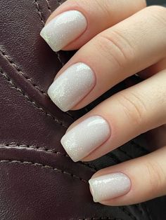 Milk White Nails With Glitter, White Sparkle Nails Square, Shimmery White Nails, White Nails Glitter, White Sparkly Nails, White Sparkle Nails, Nude Nails With Glitter, Natural Nail Shapes, White Gel Nails