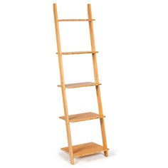 a tall wooden shelf with three shelves on each side and one level above the top