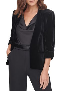 A collarless neckline updates a fashion-forward blazer in luxe velvet dyed a rich hue. Style Name:Eliza J Velvet Blazer. Style Number: 5662384. Ruched Sleeve Blazer, Black Velvet Jacket, Black Velvet Blazer, Open Front Blazer, Evening Jackets, Eliza J, Velvet Blazer, Velvet Jacket, Womens Blazers