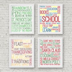 four framed art prints with different words on the front, back and side of them