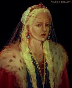 a painting of a woman with long blonde hair wearing a tiara and holding beads