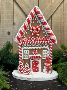 a gingerbread house decorated with candy canes and candies