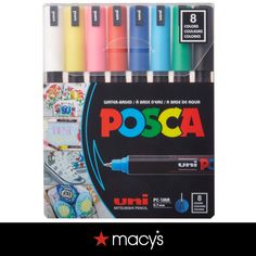 a package of markers and pens with the words posca written on them in different colors