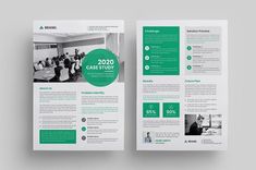 a green and white business brochure with two pages on the front, one page is