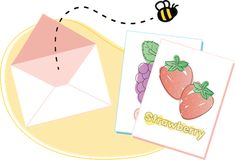 an envelope and two cards with the words strawberries on them are next to a bee