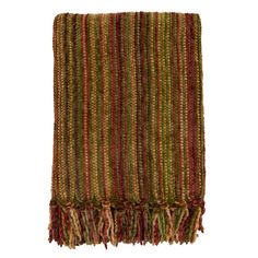 a green and red striped rug with fringes