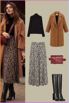 Outfit Inspo | Black Turtleneck Jumper, Black and White Floral Midi Skirt | Styled with Leather Side Bag and Knee High Black Boots, Brown Long Woolen Coat | Outfit Inspiration | Winter Style | Women's Winter Fashion | Skirt Outfit Ideas Long Dress Coat Outfit, Skirts Outfits For Winter, Long Skirt With Long Boots, Long Skirt And Coat Outfit, Midi Skirt And Knee High Boots, Long Boots Winter Outfit, Winter Skirt Style, Long Skirt Outfit Work, Skirt And Long Boots Outfit