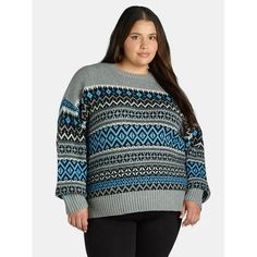 Warm up your cool weather look with this super-cute Women's Plus Size Pullover Fair Isle Sweater from Time and Tru. This easy-fitting sweater in crafted in a soft and fluffy yarn fabric that destined to be your new favorite for your cold-weather closet on those casual days. The classic crewneck styling gets an update with the relaxed silhouette and attention-getting Geo prints. Worn alone or as a comfy layer, it pairs perfectly with your favorite leggings or pair of jeans to complete this cozy l Fair Isle Pullover, Fluffy Yarn, Favorite Leggings, Fair Isle Sweater, Plus Size Sweaters, Cute Woman, Fair Isle, Pullover Sweater, Cold Weather