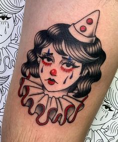 Pretty Clown Tattoo, Traditional Style Clown Tattoo, Clown Head Tattoo, Circus Clown Tattoo, Clown Lady Tattoo, Trad Clown Tattoo, Matching Clown Tattoos, Old Clowns Vintage, Clown Pinup Tattoo