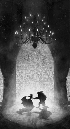 two people holding umbrellas in front of a chandelier with light coming from it